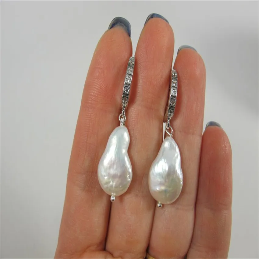 13-16mm White Baroque Pearl Earrings Women Diy Silver Zircon Ear Dangle Jewelry AAA Stud Flawless Wedding Mesmerizing Handmade | Украшения