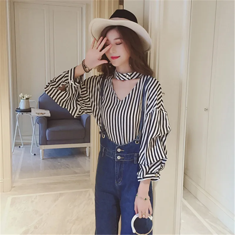 Ulzzang женские шифоновые топы и блузки с вырезом на шее рукавами фонариками Женские