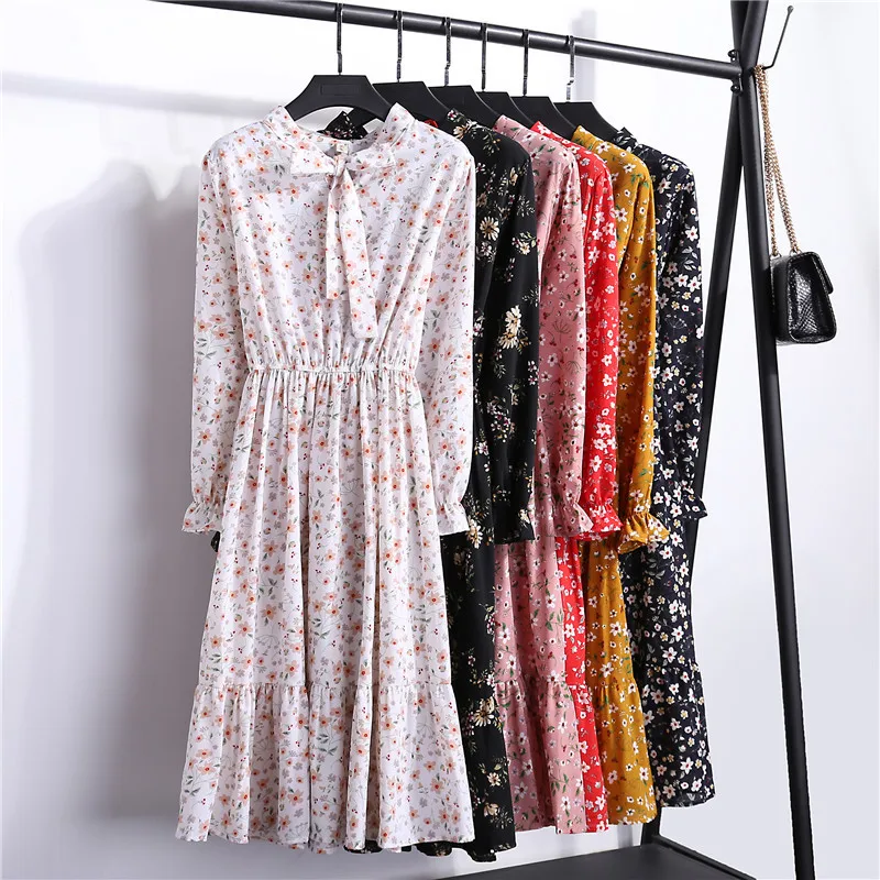 

High Elastic Waist Party Dress Bow A-line Women Full Sleeve Flower Print Floral Bohemian Dress Female Vestido Plus Size