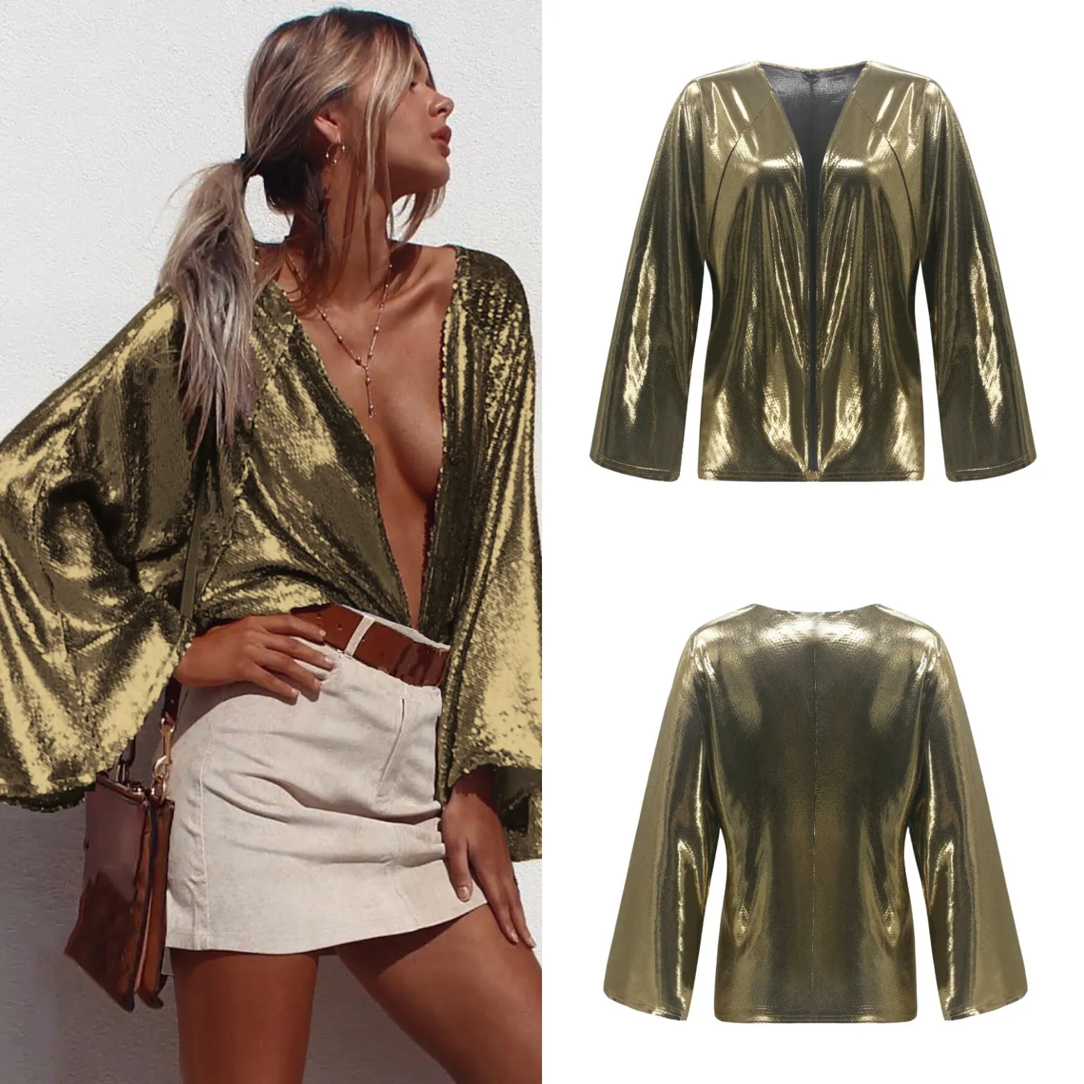 Женская однотонная Повседневная Блузка с v образным вырезом и длинным рукавом