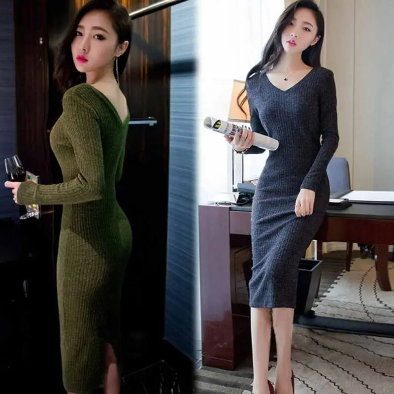 

Fashion Dress Autumn Knitted Sweater Dresses Women V Neck Long Sleeve Pencil Midi Dresses Elastic Slim Long Dress