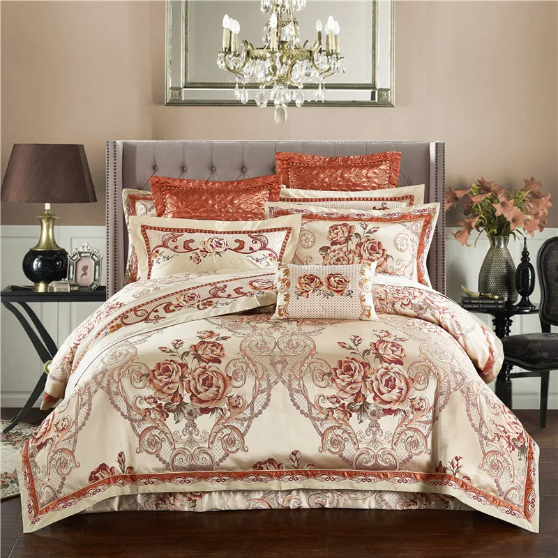 

4/6/10pcs Luxury Satin Set Queen King size Oriental Embroidery Bedding Sets Boho Duvet Cover Bed Linens sheet set Pillow 37