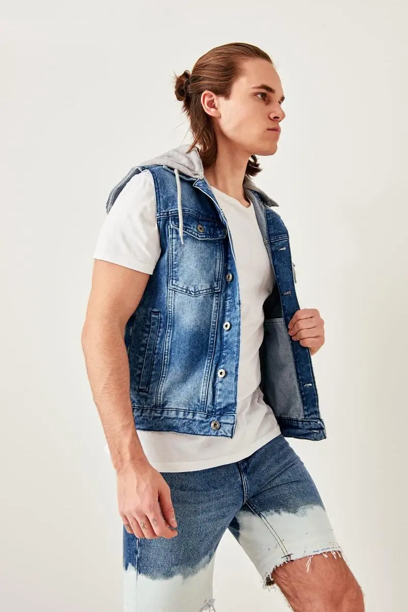 Trendyol Индиго Мужской трикотажный жилет с капюшоном TMNSS19OE0019 | Женская одежда