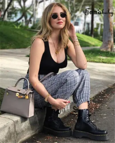 

Women Casual Plaid Pants High Waist Ankle-length Long High Waist Pockets Loose Lady Capri Pants Summer