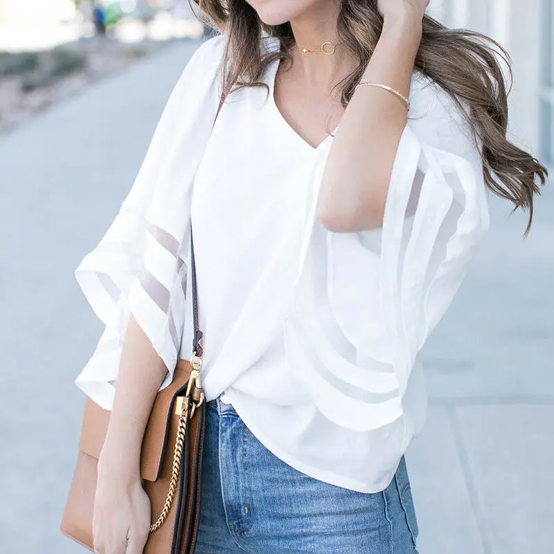 

New Women's Bell Flare Sleeve Blouse Casual Boho Loose Shirt Tops women's tops white lace off the shoulder