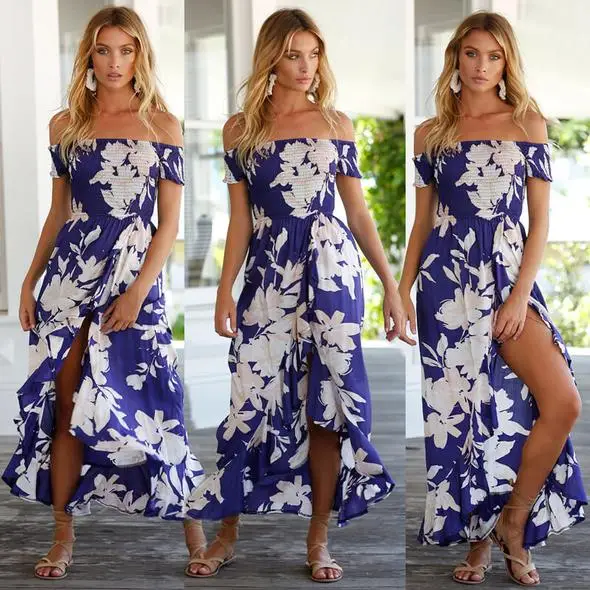 

New Boho Floral Print Summer Sexy Dress Off Shoulder Beach Party Women Side Split Long Casual Vestidos