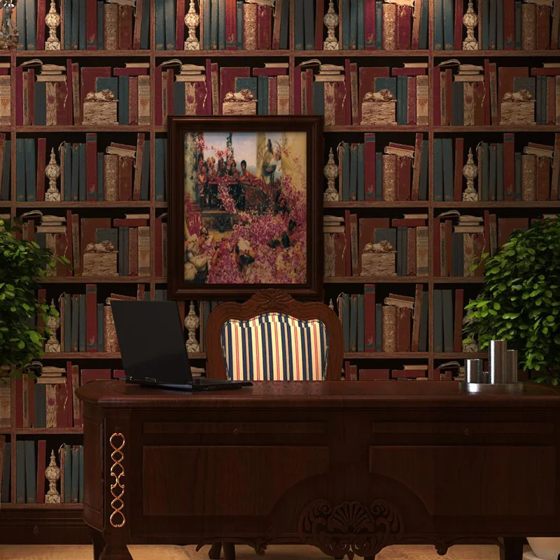 

American Retro Wallpaper Pattern Bookcase Bookshelf Stereo England Office Living Room Bedroom Den Backdrop Wallpaper