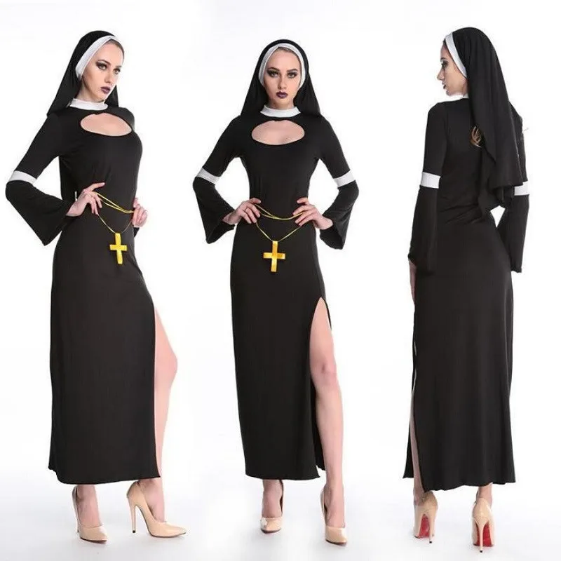 Nun костюм для Хэллоуина женский модный сексуальный черный сестер вечеринка