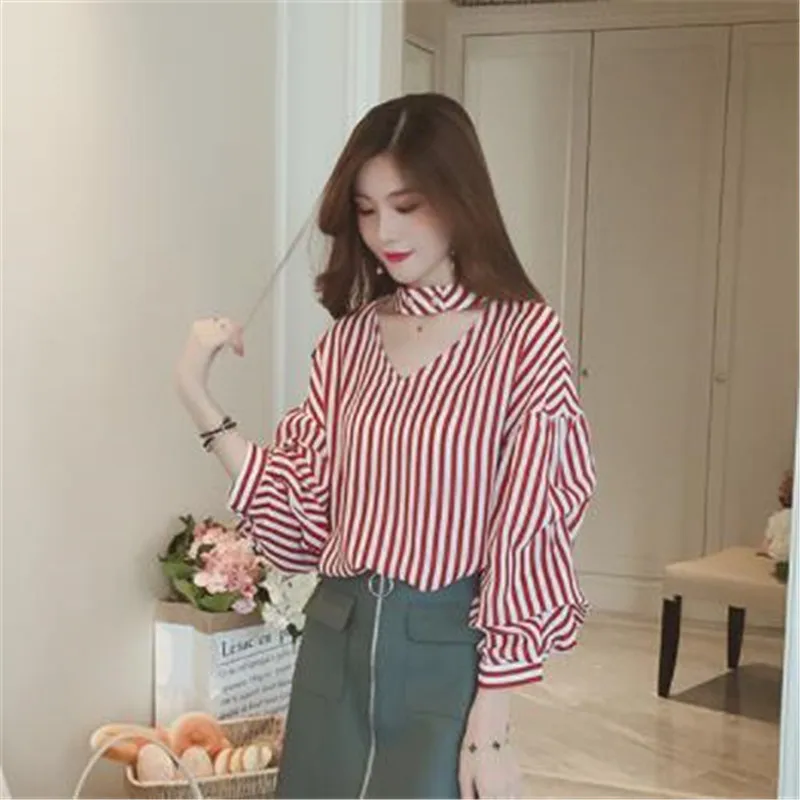 Ulzzang женские шифоновые топы и блузки с вырезом на шее рукавами фонариками Женские
