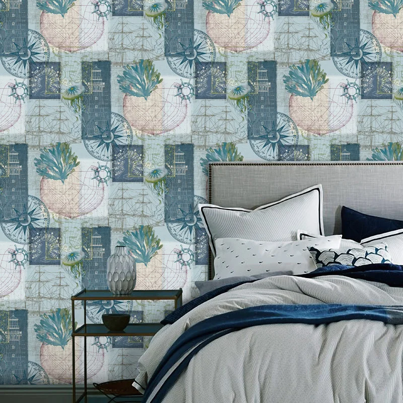 

Mediterranean Style Coral Marine Plant Wallpaper For Kids Room Bedroom Non-woven Map Sailboat Wall Paper Roll Home Improvement