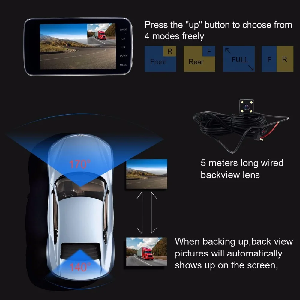 Автомобильная камера с двумя объективами DVR 4 0 дюймов ips Full HD 1080P 170 градусов видео