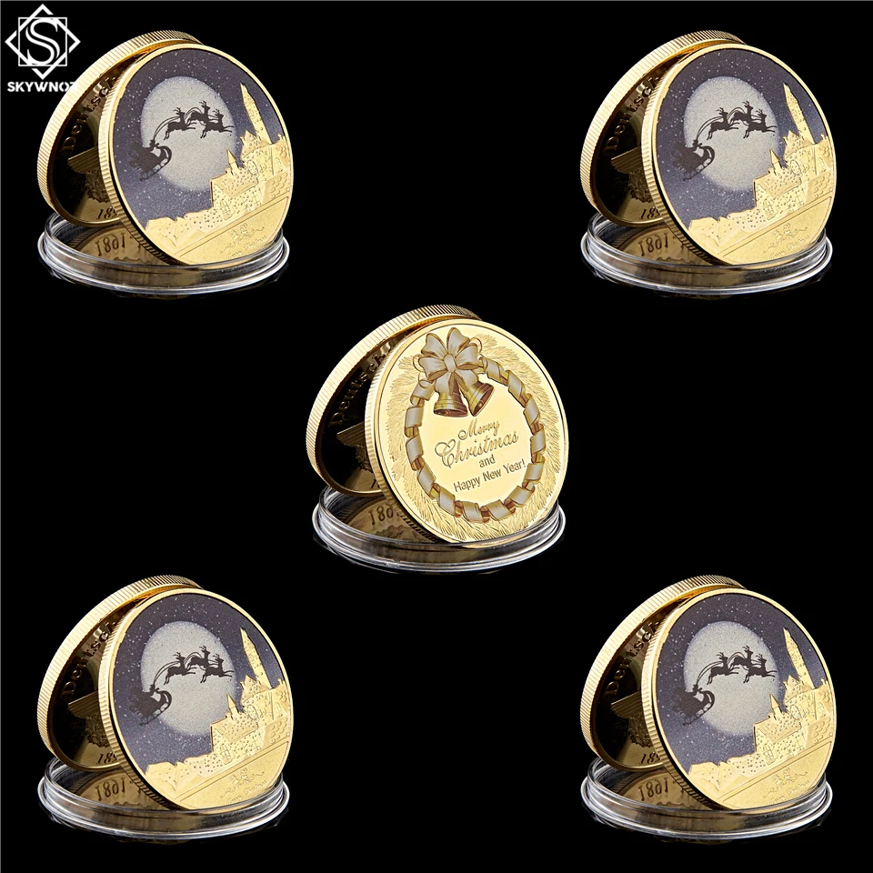 

5PCS/Lot 2021 Merry Christmas Snowman Deer Souvenir Gold Coin Collectible Gifts