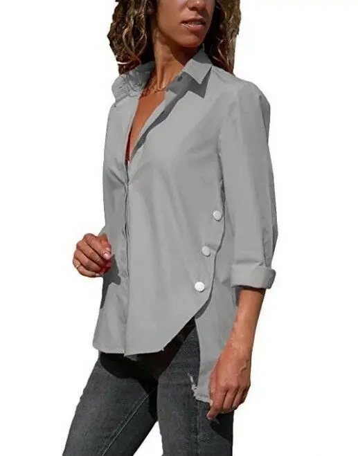 

Women's Irregular Button-Down Long Sleeve Chiffon Shirt in Solid Color Office Lady 2019 Spring Women Blouses