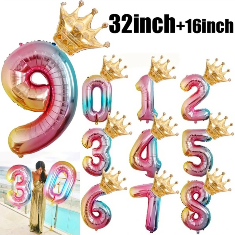 

2pc 40inch Gradient Color Number With Crown Foil Balloons Happy Birthday Party Decorations Kids Babyshower Gender Reveal Gift