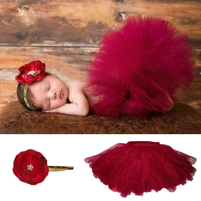 New 1 Set Newborn Infant Baby Girl Lovely Soft Yarn Princess Tutu Skirt Costume With Matching Flower Headband For Photography | Мать и