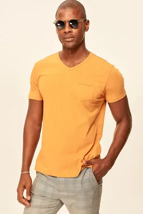 Горчичный Прессер Мужская футболка Slim Fit короткий рукав v образный вырез карман