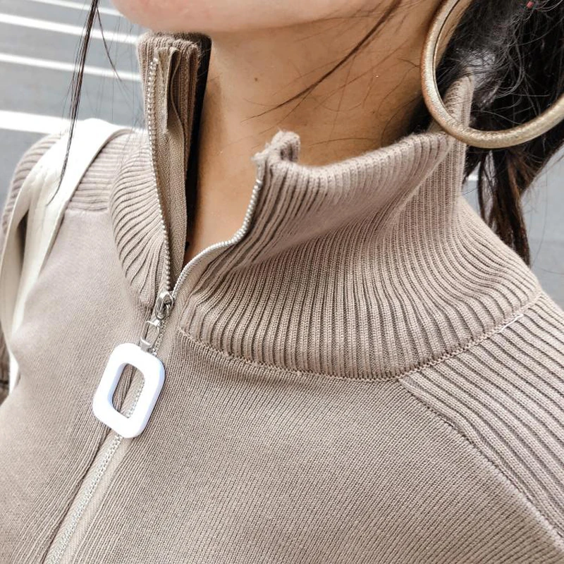 

Women Knitted Sport Jacket Black Khaki Turtleneck Zipper Long Sleeve Full Length Pants Set Tracksuit Trouser T0026