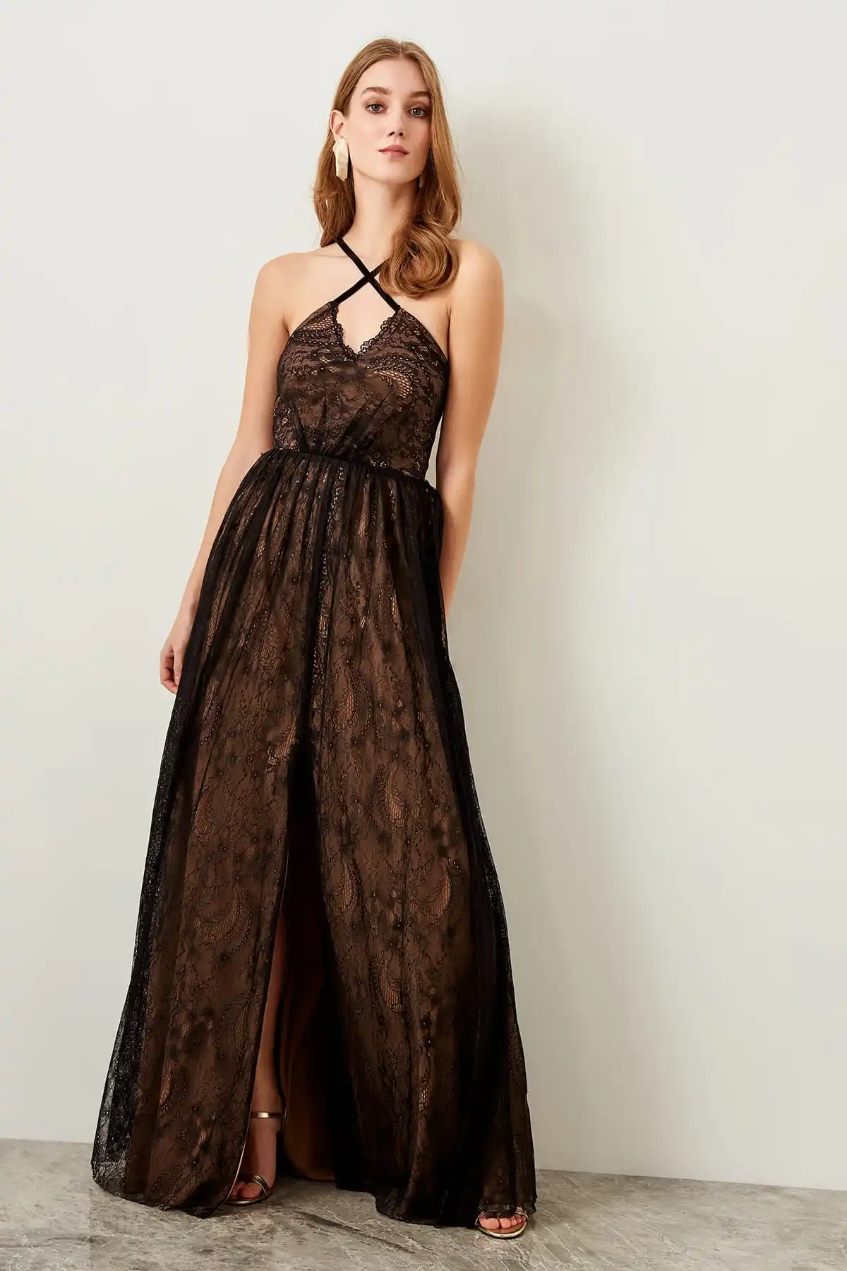 Trendyol детальное черное кружевное вечернее платье TPRSS19UZ0046|Вечерние платья| |
