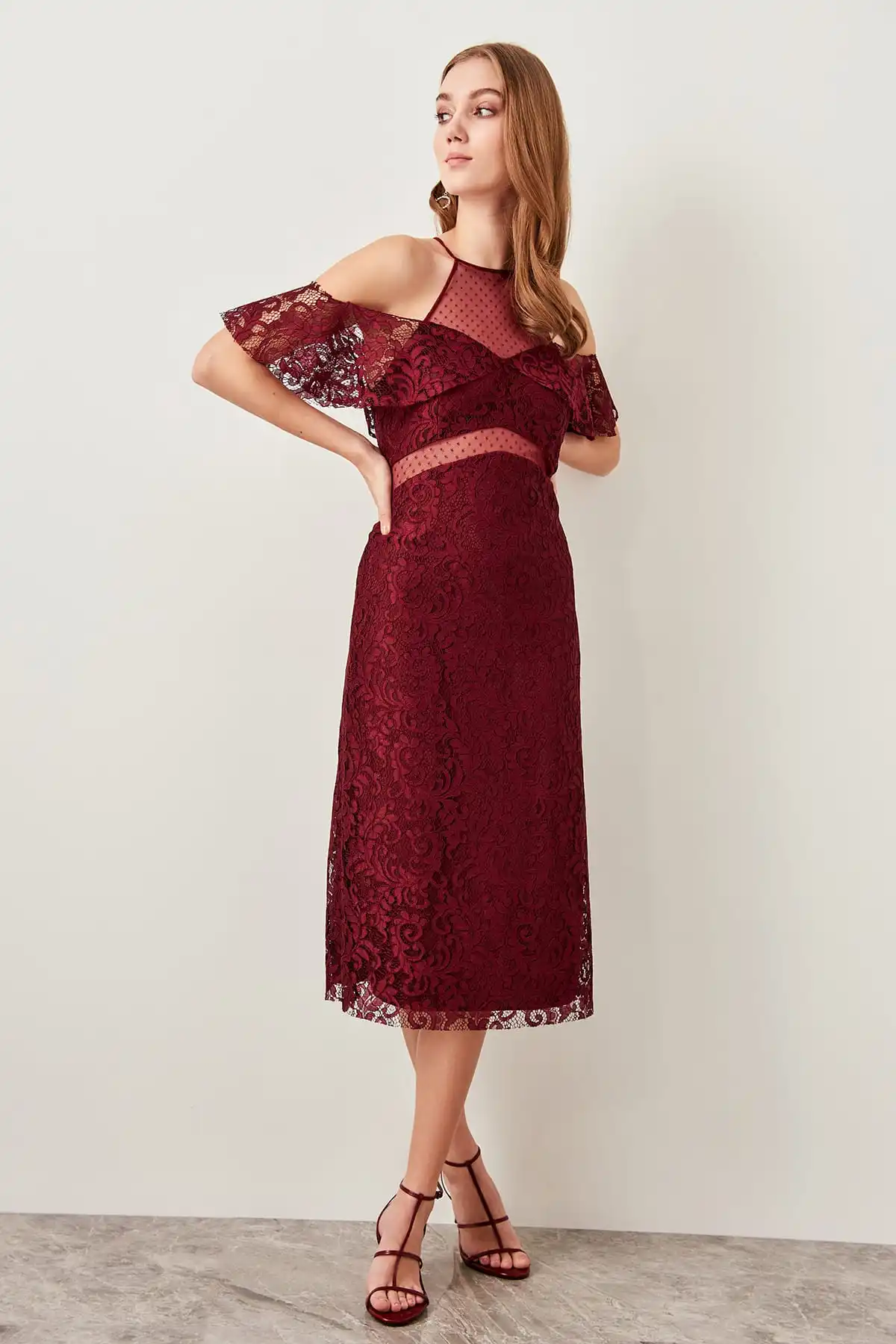 Trendyol Бордовое платье в горошек с кружевной отделкой из тюля TPRSS19FZ0239|Вечерние