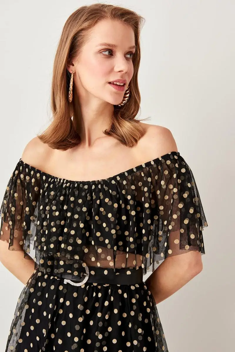 Trendyol Черный Флокированный горошек бюстье TPRSS19DU0030|Бюстье и корсеты| |