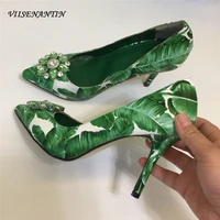 viisenantin 2019 new green leaf printing high heel shoes 6cm 10cm heel shallow mouth pointed toe sapatos crystal summer shoe