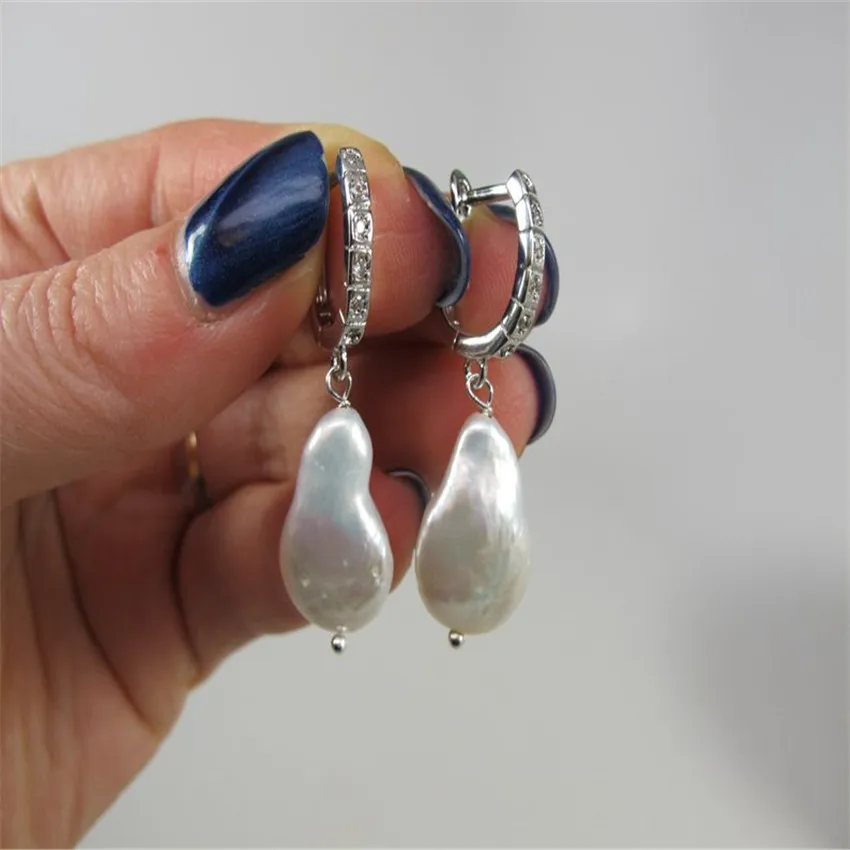13-16mm White Baroque Pearl Earrings Women Diy Silver Zircon Ear Dangle Jewelry AAA Stud Flawless Wedding Mesmerizing Handmade | Украшения