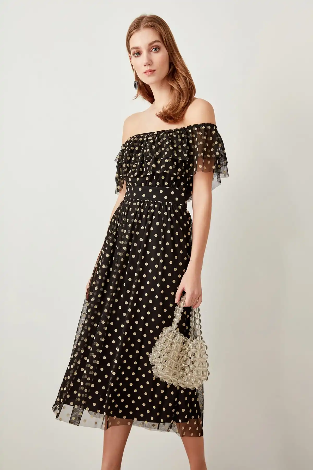 Trendyol черное платье в горошек из флока TPRSS19DU0029 | Свадьбы и торжества