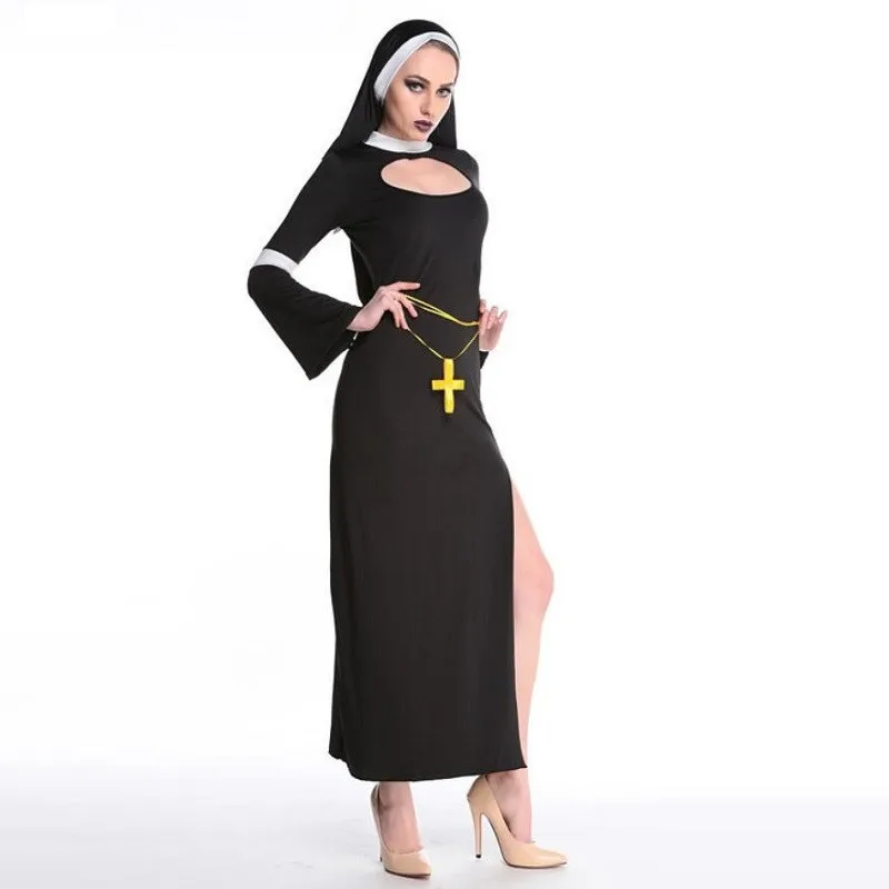 Nun костюм для Хэллоуина женский модный сексуальный черный сестер вечеринка