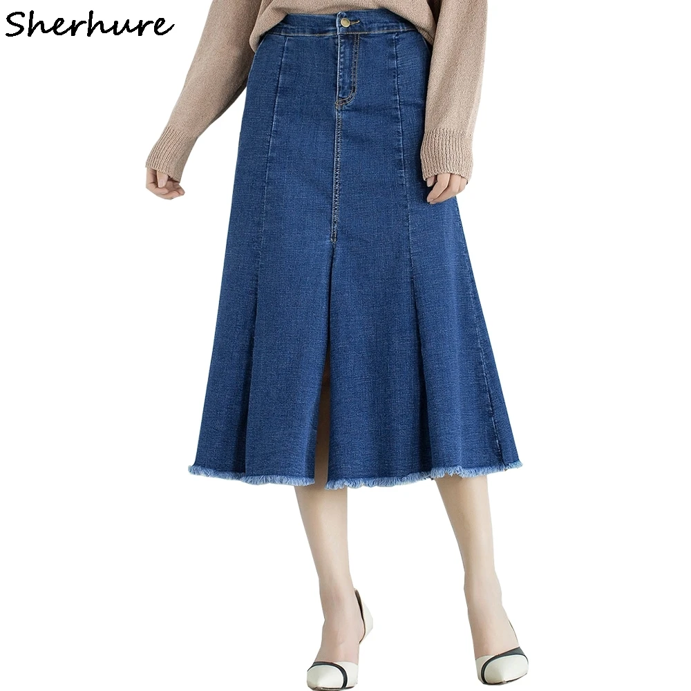 

2018 High Waist Women Denim Skirt Plus Size 6xl 7xl Women Midi Skirt Split Oversize Women Sexy Skirts Femme Faldas Saias