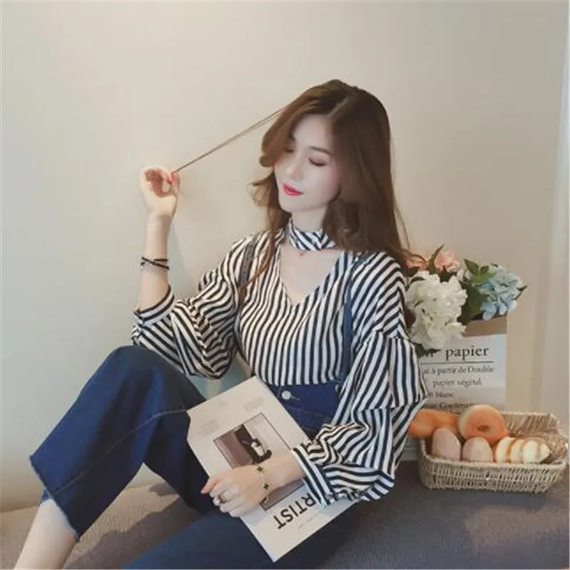 Ulzzang женские шифоновые топы и блузки с вырезом на шее рукавами фонариками Женские