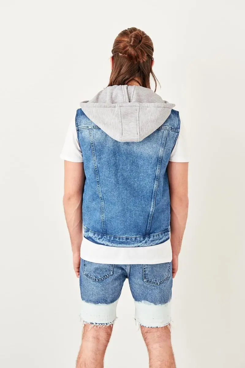 Trendyol Индиго Мужской трикотажный жилет с капюшоном TMNSS19OE0019 | Женская одежда