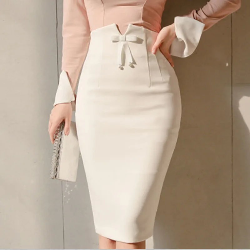 

2019 Spring High Waist Office Bodycon Midi Skirts New White Women Midi Pencil Skirt Zipper Split Knee Length Skirt