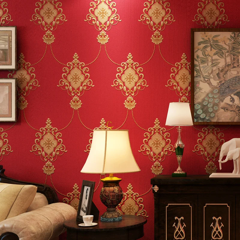 

American Deep Embossed Big Flower Red Damascus Wallpaper 3d Living Room Tv Background Wall Bedroom Porch Wall Paper Roll