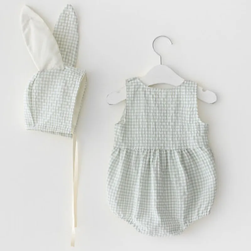 

2019 Summer Infant Baby Girl Clothes Set Small Fresh Lattice Sleeveless Rabbit Ears Hat Two-piece Romper Jumpsuit Roupas De Bebe