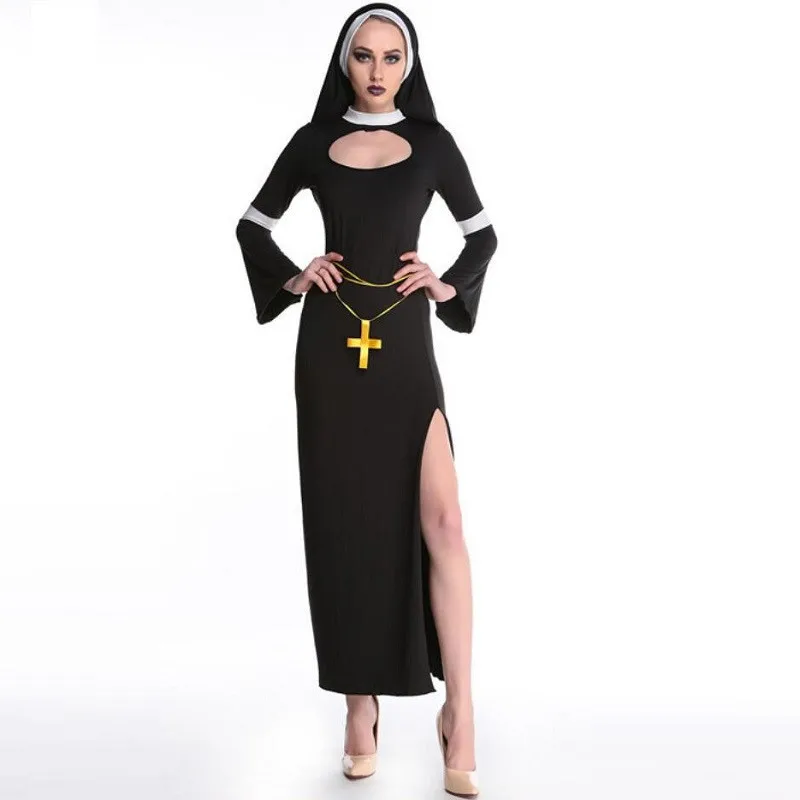 Nun костюм для Хэллоуина женский модный сексуальный черный сестер вечеринка
