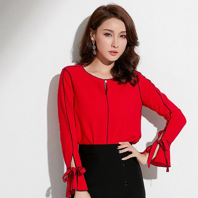 

Crew T-shirt Flounce Long Shirt Top Casual Sleeve Women Long Sleeve Ruffled Flounce Crew Neck Blouse Casual Shirt Top