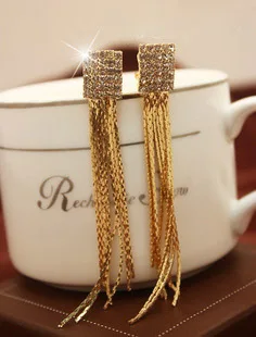 

3.15'' Sparkly clip non pierced earrings for women party wedding gift brincos antique Rhinestones golden long tassels ear