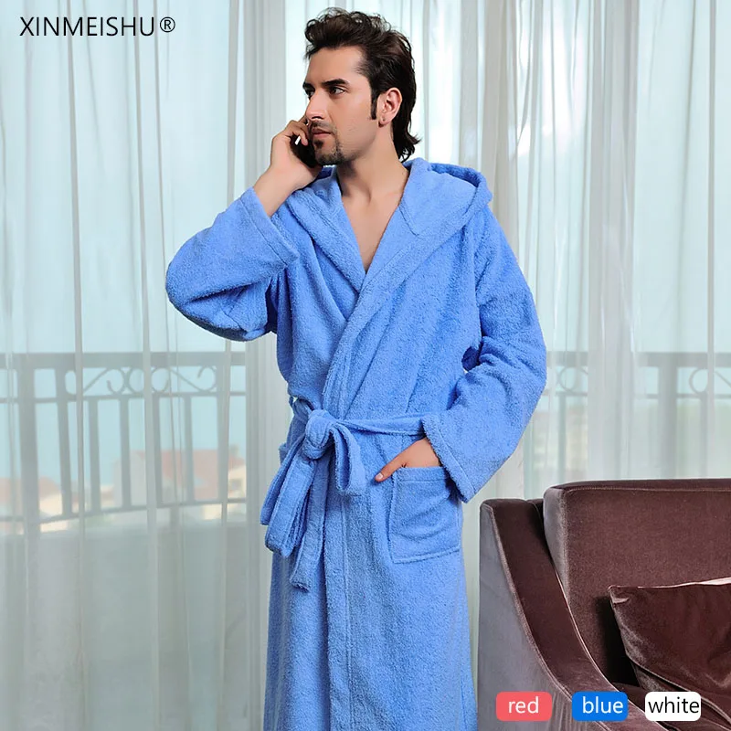 blue Банный халат с капюшоном из хлопка для мужчин и женщин, легко впитывает влагу - Цвет: blue
