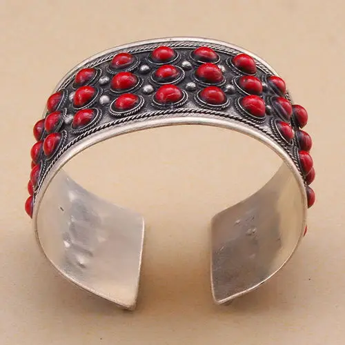 Горячая мода красный коралл больше bling бисером инкрустация тибетский серебряный браслет манжета качество регулируемые вечерние подарок& 6YB00033