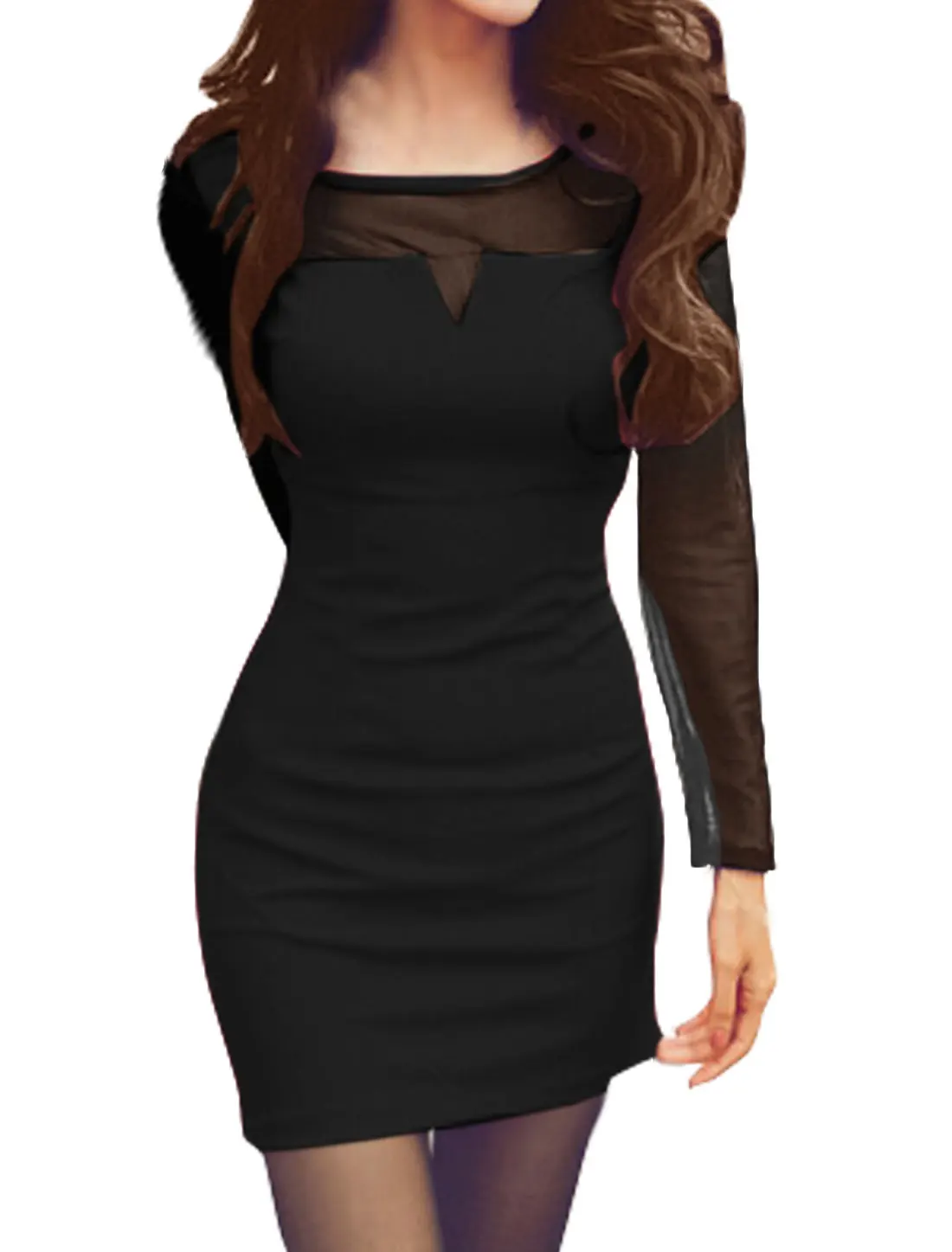 ALLEGRA K Women Round Neck Semi Sheer Mesh Panel Mini Bodycon Dress | Женская одежда