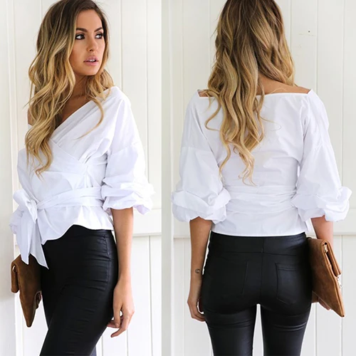 Lady Sexy Off Shoulder Cross V-Neck Bandage Bowknot Puff Sleeve Party Top |