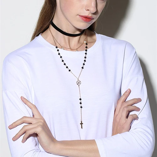 Женщины Многослойные Перлы Faux Цепи Бархат Полосы Choker Креста Ожерелье|cross pendant