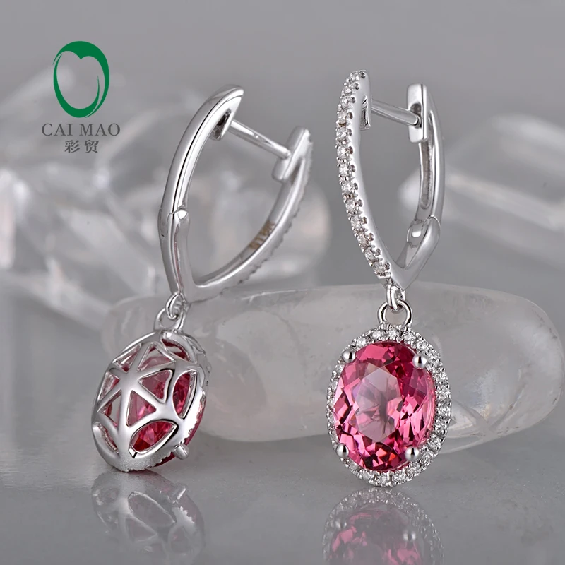 Caimao Jewelry 18KT Белое золото 6x8 мм овальным вырезом 2.58ct розовый турмалин и 0.35ct diamond Обручение Серьги