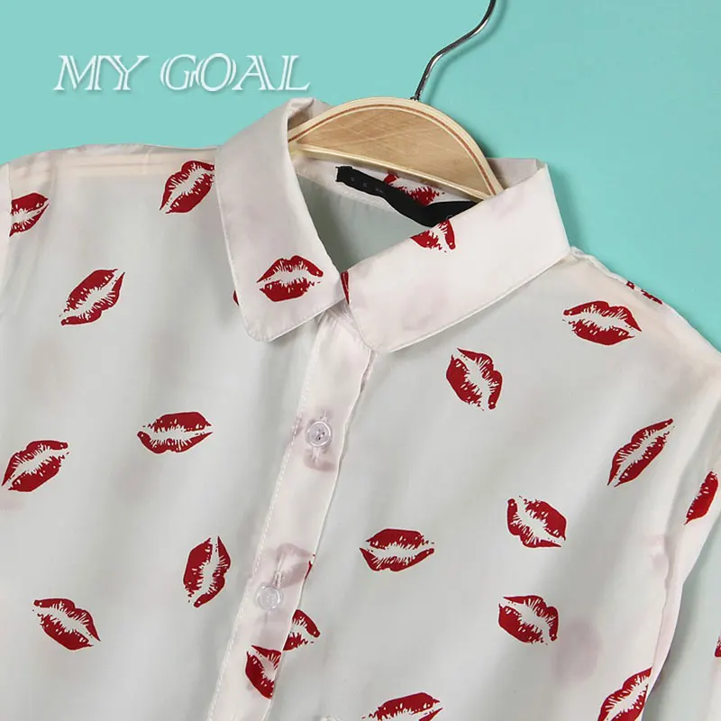 Весна женщин Поцелуи Блузки Красные Губы Печати Шифон Повседневный Дамы Рубашка