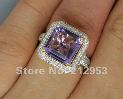 Кольца для женщин Винтаж Принцесса 10 мм 6.22Ct 14Kt Желтое Золото Фиолетовый аметист драгоценный камень бриллианты свадьба обручальное кольцо подарок