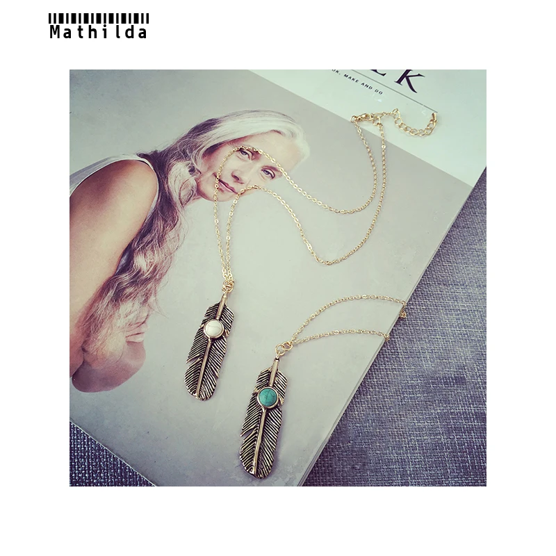 Модное женское ожерелье Mathilda с подвеской из перьев зеленым камнем Модные