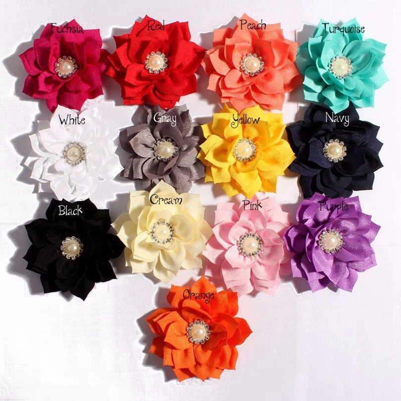 10pcs/lot 3.6&quot 13colors Hair Clips Lotus Flower With Rhinestone Pearl Button For Accessories Fabric Flowers Headbands |