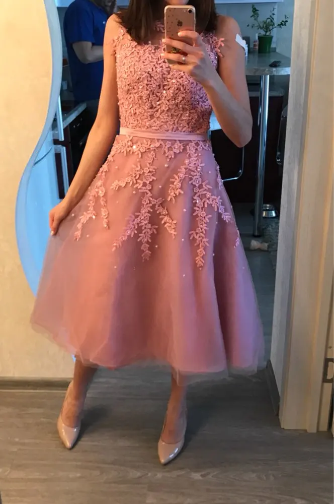 Cocktail Dresses Knee Length Sexy Pink Lace Short Party Gown Scoop Neck Sleeveless robe Formal