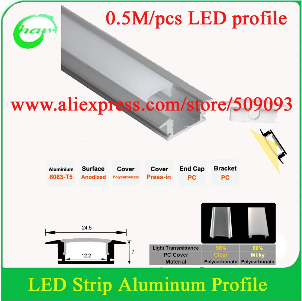 6 шт. Бесплатная доставка 0 5 м утопленный алюминиевый светодиодный профиль с