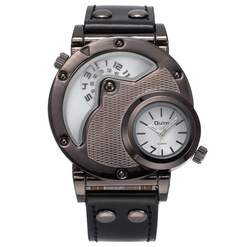 OULM 9591BLK брендовые многофункциональные кожаные часы Мужские Винтажные военные с